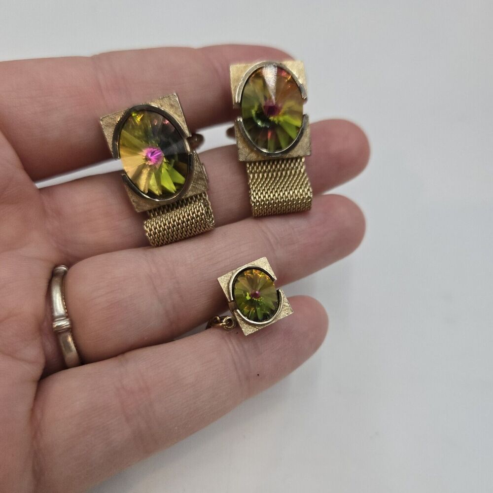 Vintage Dante Gold Tone Watermelon Rivoli Rhinestone Cufflinks Pin Tie Tack Set